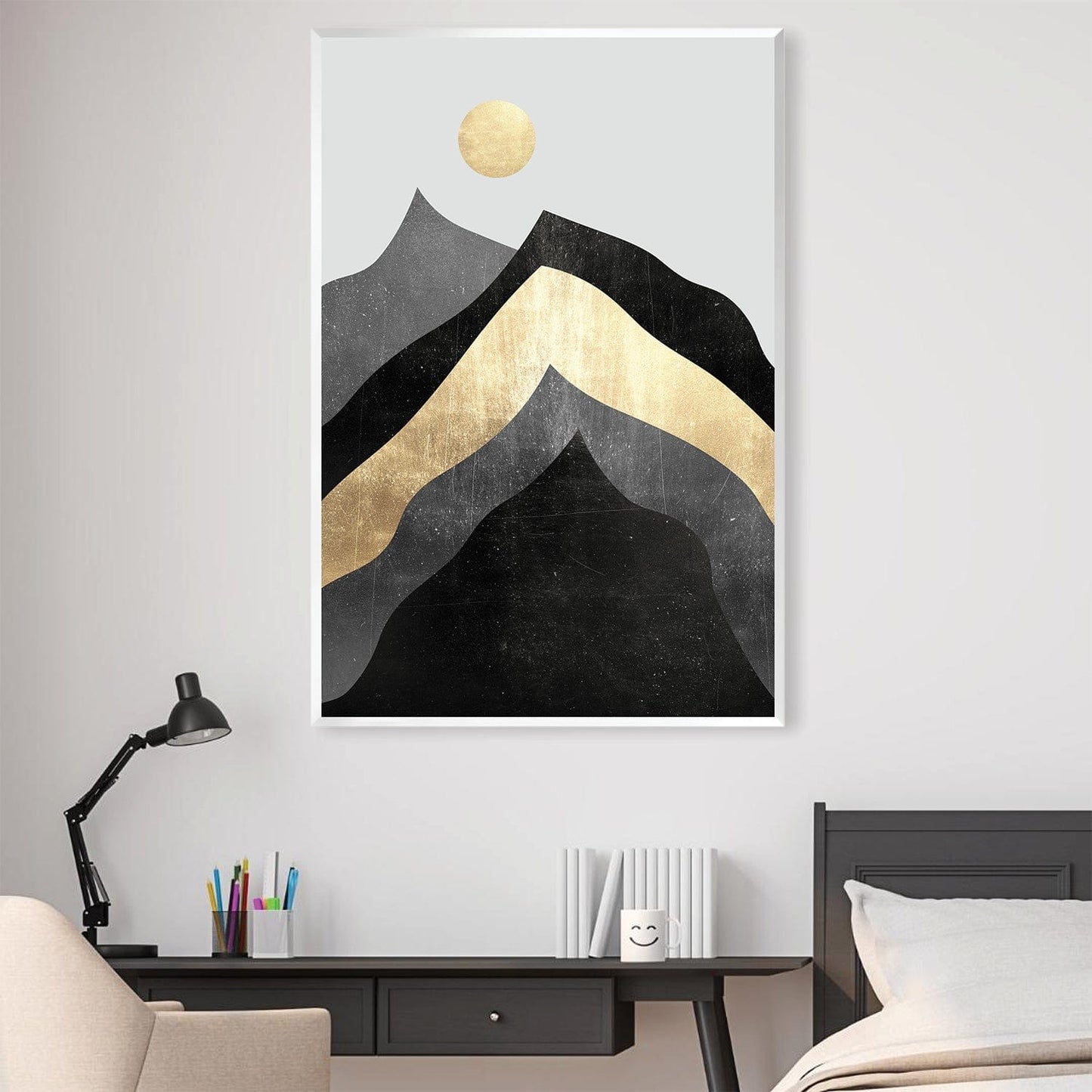 Abstract Mountain Landscape Oil Painting with Gold Accents for Modern Decor