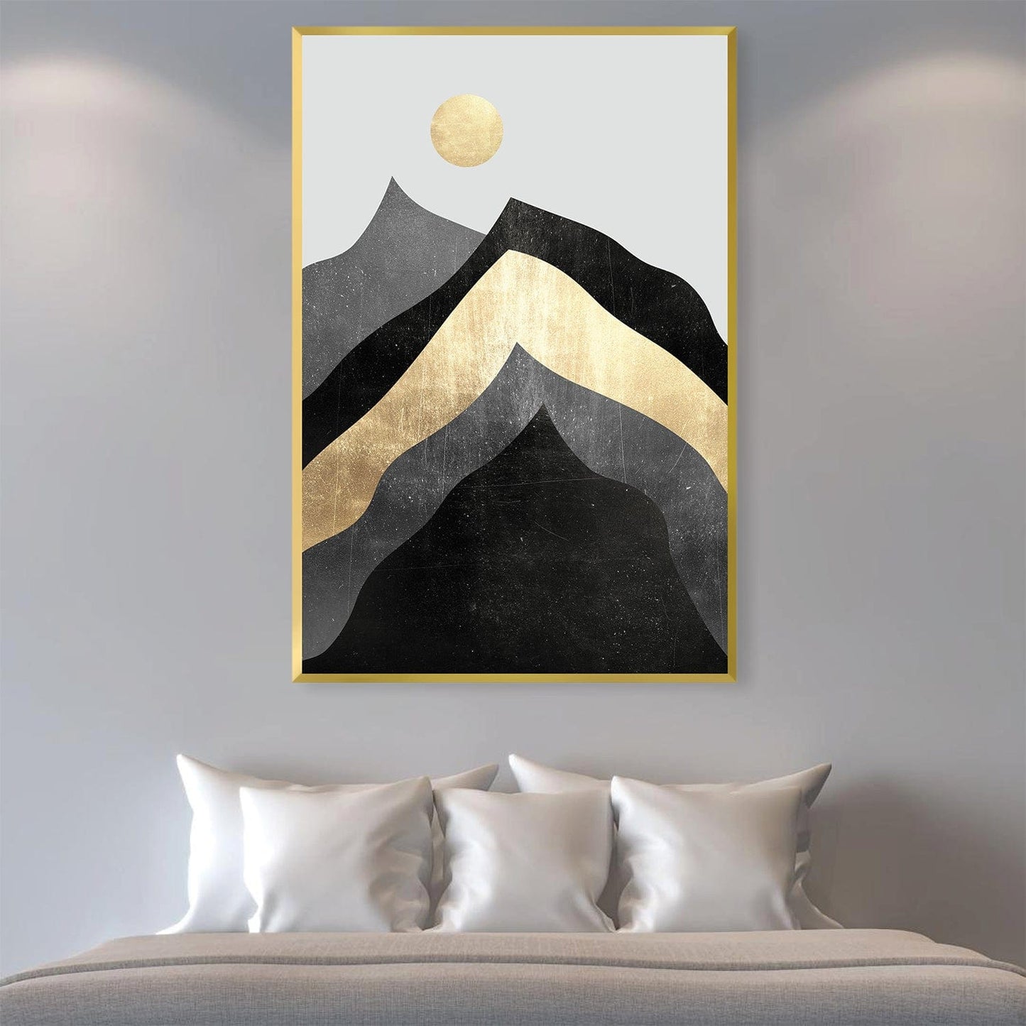 Abstract Mountain Landscape Oil Painting with Gold Accents for Modern Decor