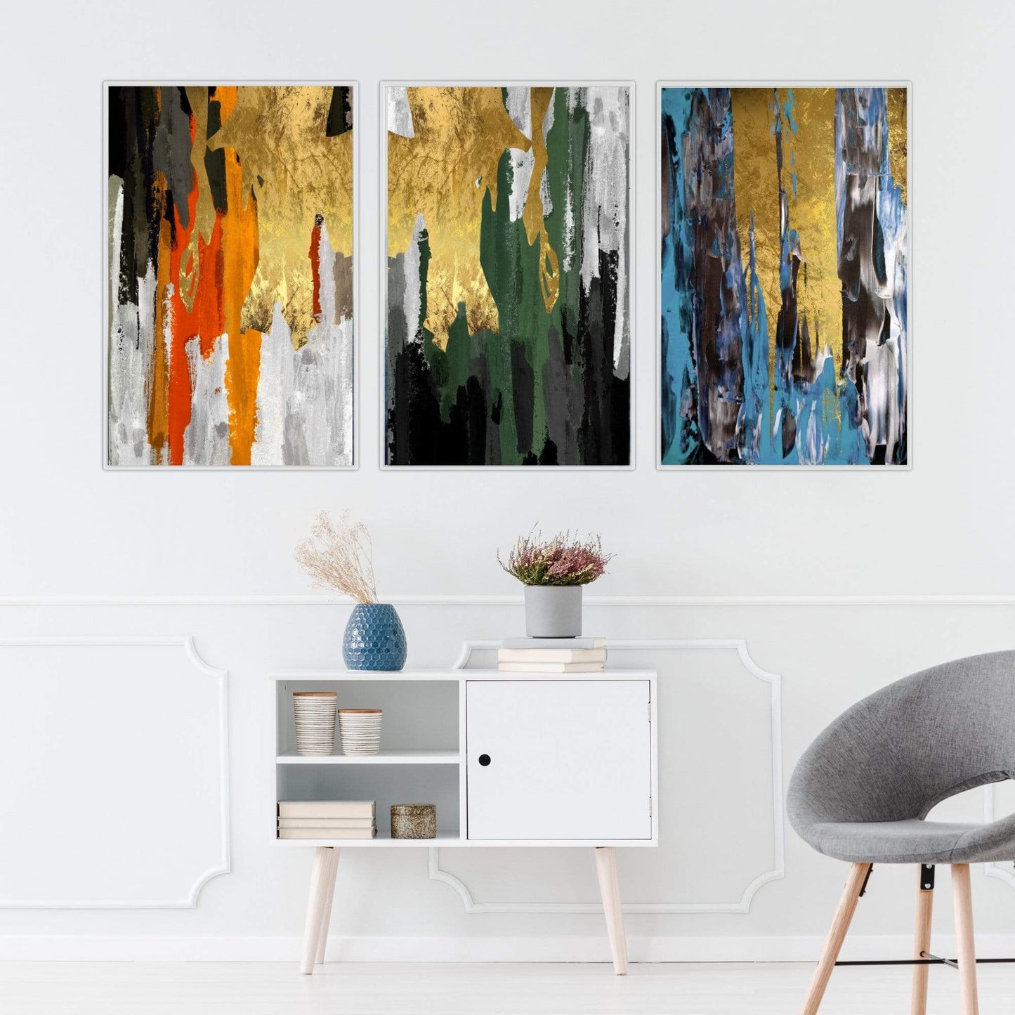 Vibrant Abstract Oil Painting Showcase with Gold and Colorful Textures