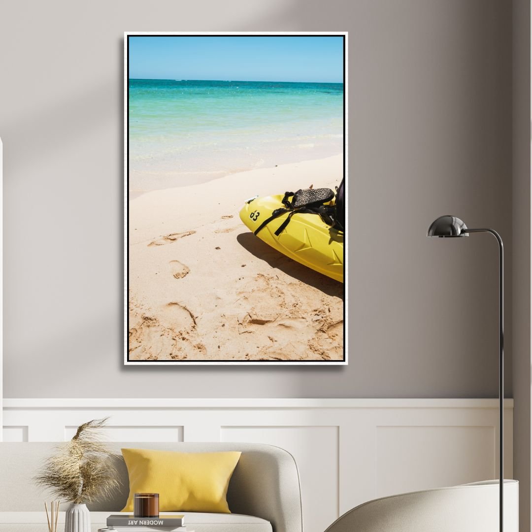 Sunny Beach Scene with Kayak - Vibrant Coastal Oil Painting for Your Home