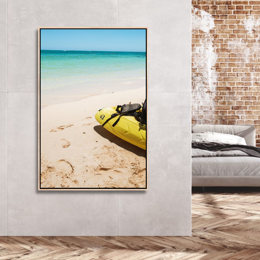 Sunny Beach Scene with Kayak - Vibrant Coastal Oil Painting for Your Home