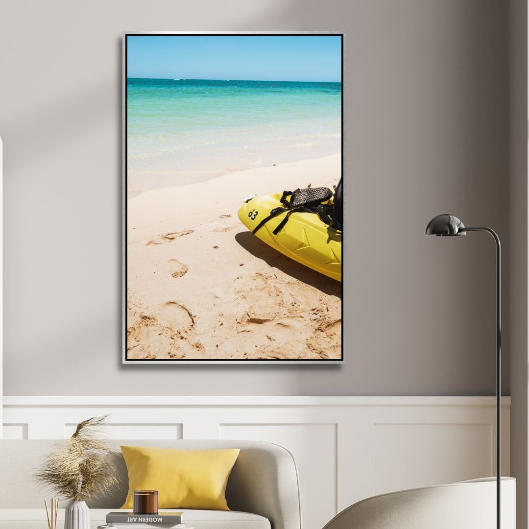 Sunny Beach Scene with Kayak - Vibrant Coastal Oil Painting for Your Home