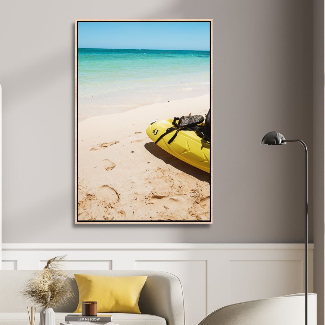 Sunny Beach Scene with Kayak - Vibrant Coastal Oil Painting for Your Home