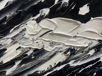 Dynamic Black and White Wave Oil Painting for Modern Home Decor