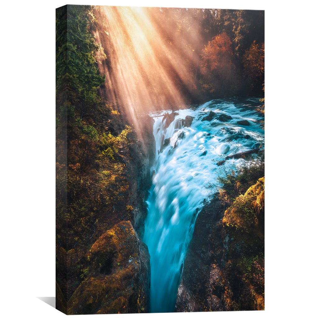 Serene Waterfall Landscape Oil Painting with Golden Light Reflection