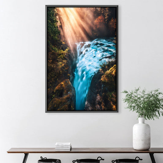 Serene Waterfall Landscape Oil Painting with Golden Light Reflection