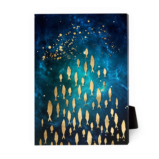 Stunning Gold Fish Schooling in Cosmic Blue Ocean Oil Painting