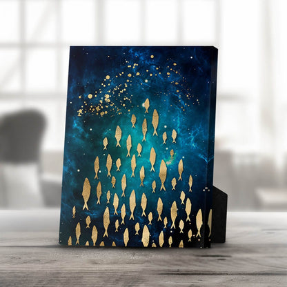 Stunning Gold Fish Schooling in Cosmic Blue Ocean Oil Painting