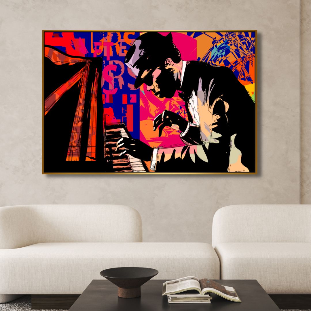 Vibrant Jazz Pianist Oil Painting | Captivating Music Art for Modern Decor