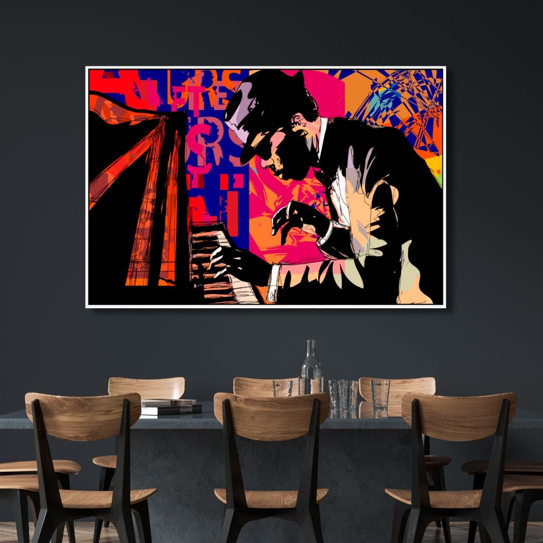 Vibrant Jazz Pianist Oil Painting | Captivating Music Art for Modern Decor