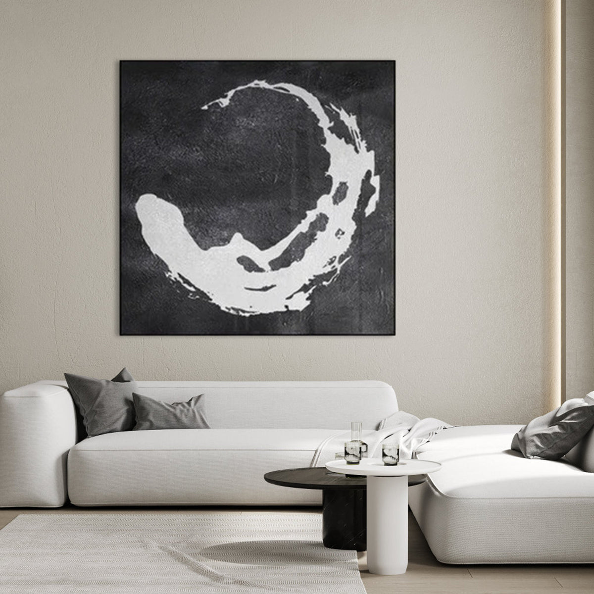 Abstract Black and White Circular Oil Painting for Modern Home Decor