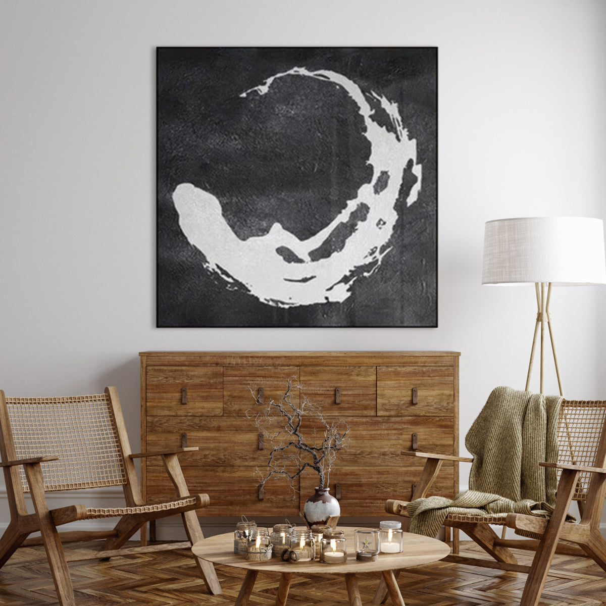 Abstract Black and White Circular Oil Painting for Modern Home Decor