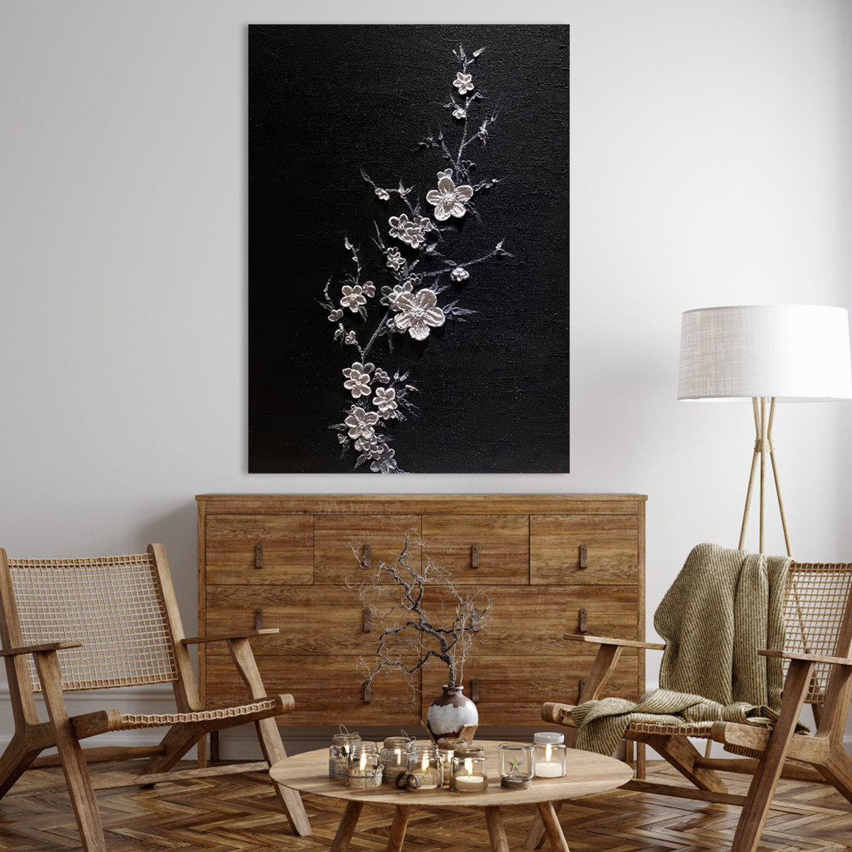 Elegant Floral Art on Black Canvas - Artistic Home Decor Oil Painting