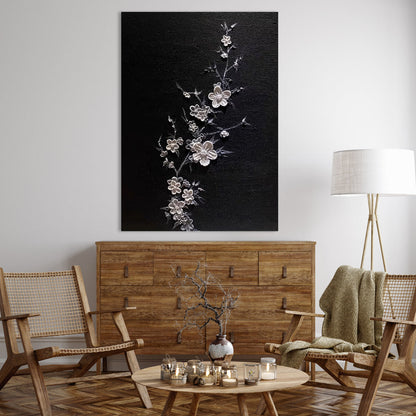 Elegant Floral Art on Black Canvas - Artistic Home Decor Oil Painting