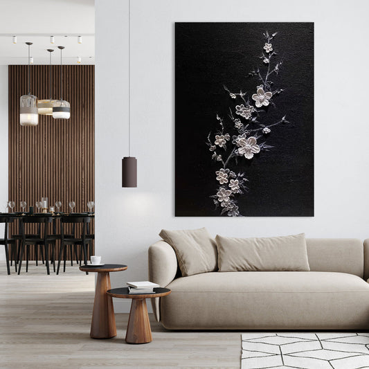 Elegant Floral Art on Black Canvas - Artistic Home Decor Oil Painting
