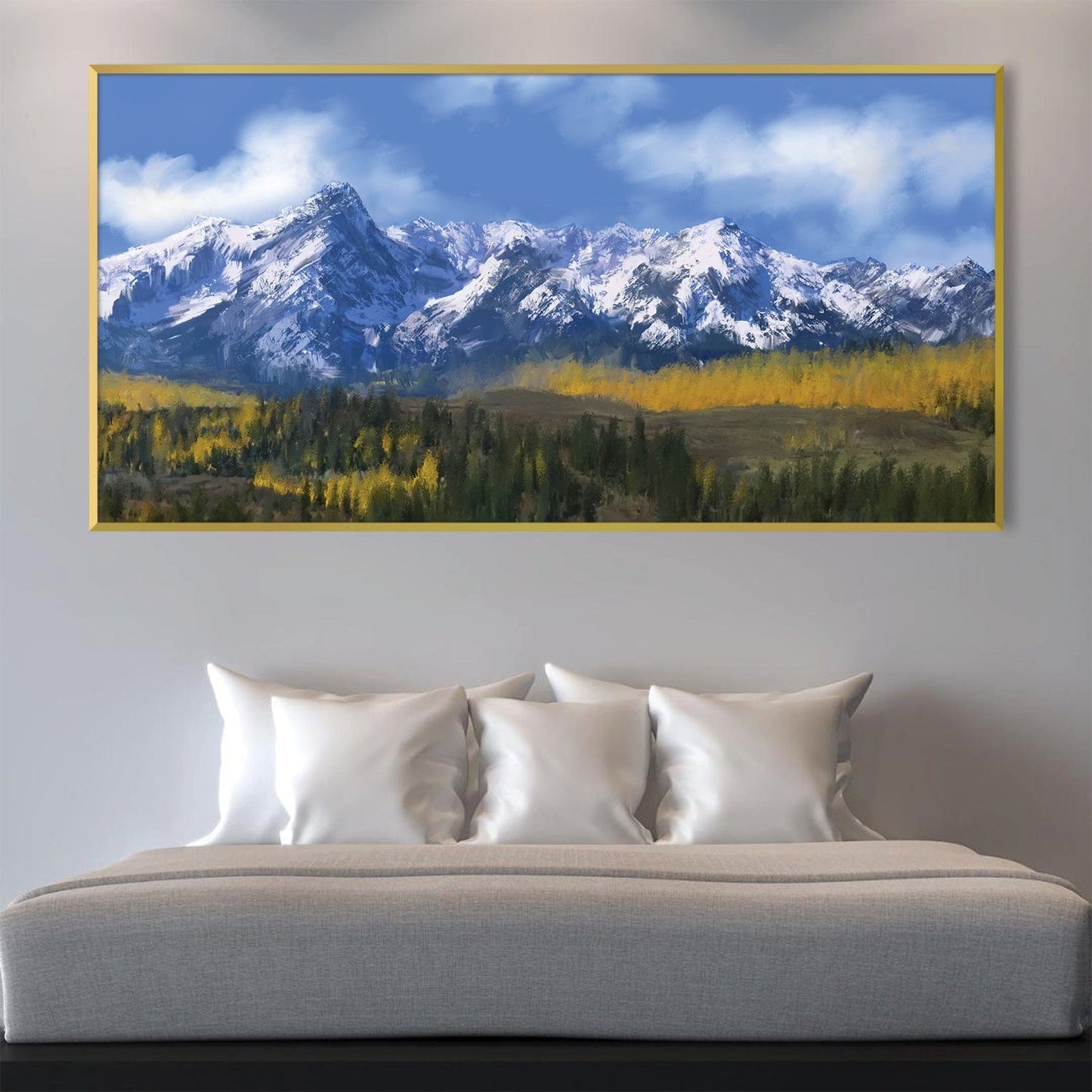 Majestic Rocky Mountains Oil Painting in Vibrant Autumn Hues for Home Decor