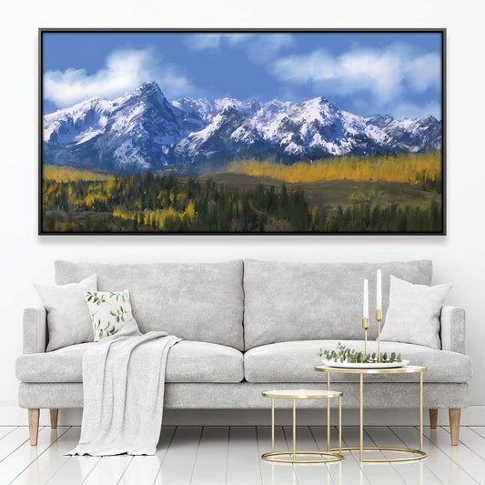 Majestic Rocky Mountains Oil Painting in Vibrant Autumn Hues for Home Decor