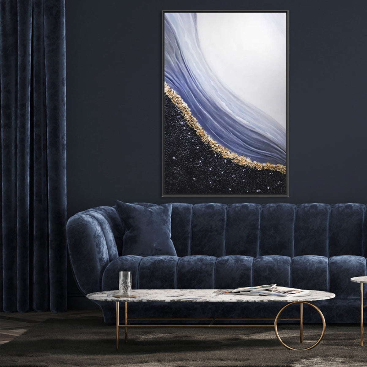 Ethereal Waves: Contemporary Oil Painting with Glittering Gold Accents