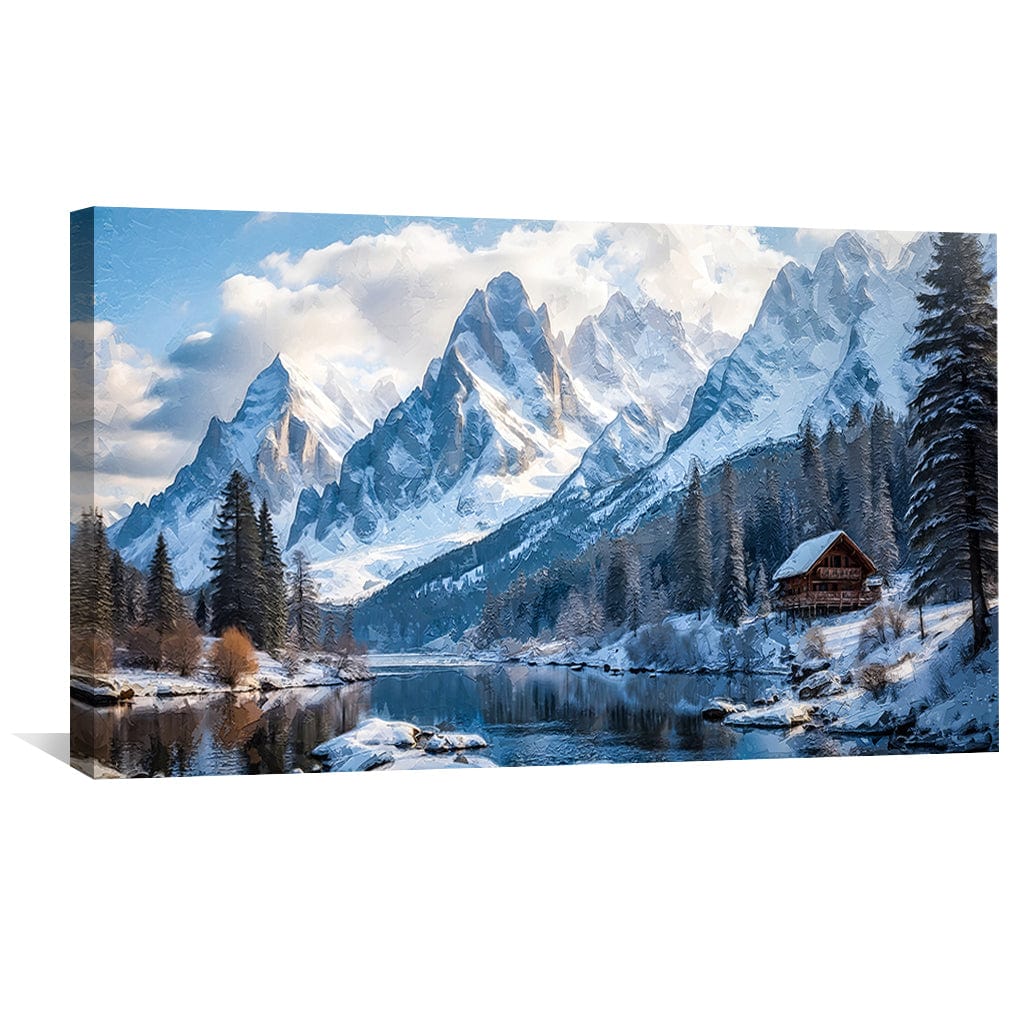 Serene Winter Landscape Oil Painting of Snow-Capped Mountains and Tranquil Lake