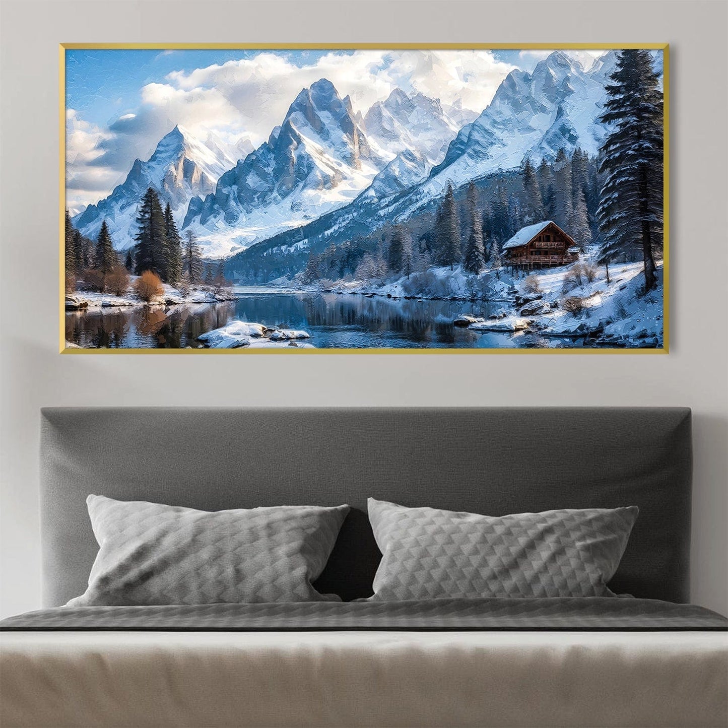 Serene Winter Landscape Oil Painting of Snow-Capped Mountains and Tranquil Lake