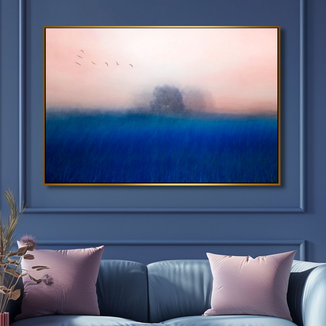 Serene Blue Landscape with Abstract Tree and Birds - Modern Oil Painting Decor