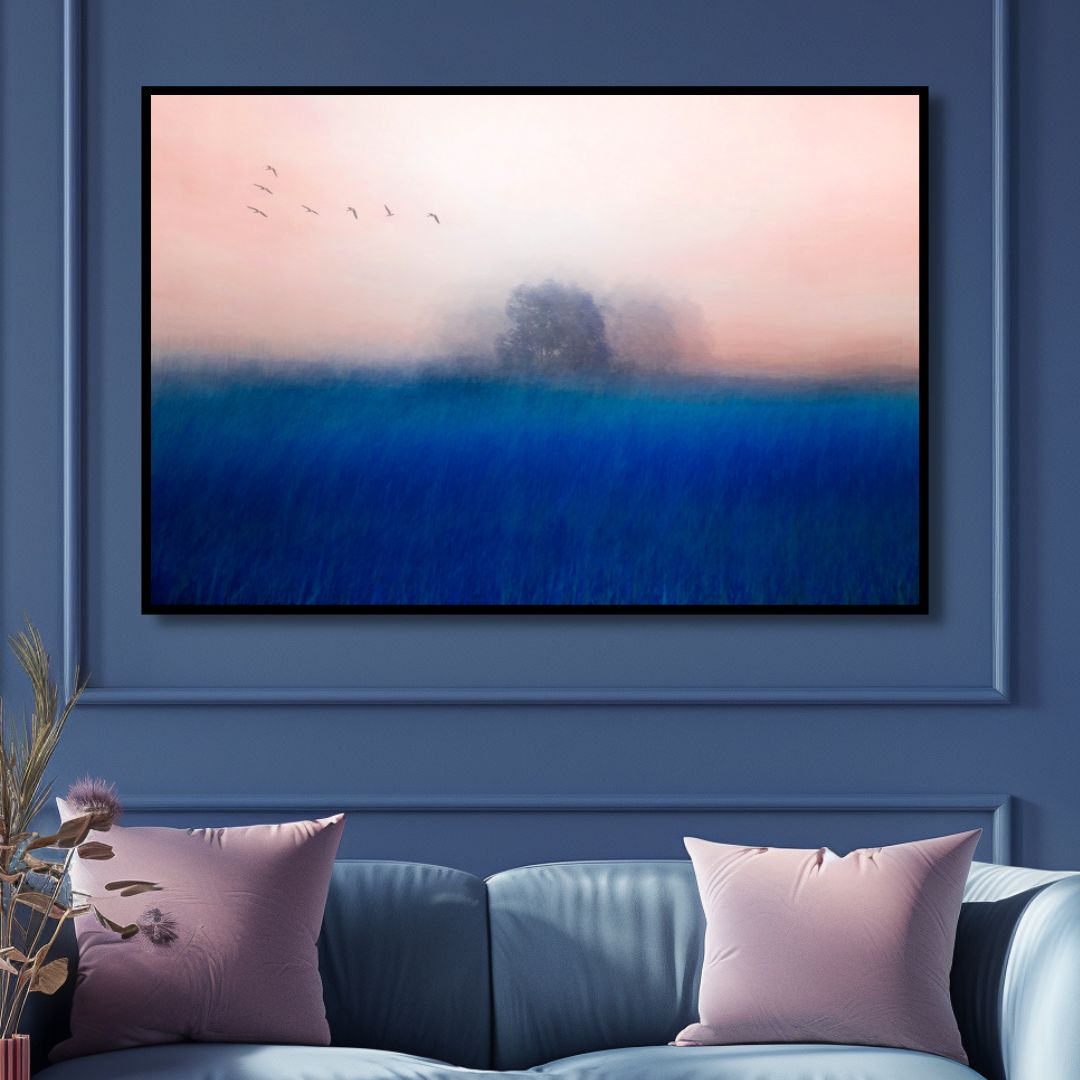 Serene Blue Landscape with Abstract Tree and Birds - Modern Oil Painting Decor