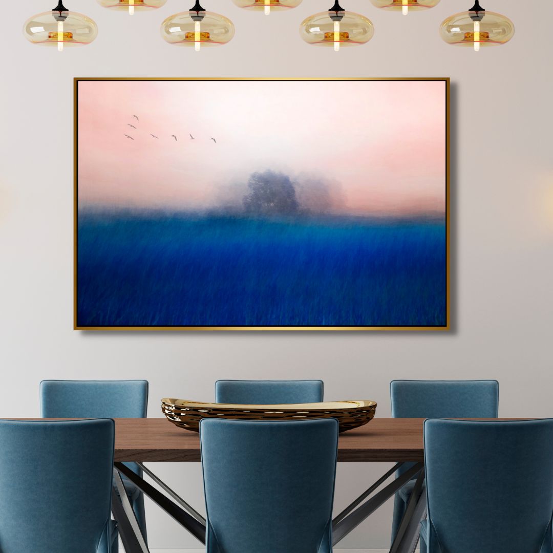 Serene Blue Landscape with Abstract Tree and Birds - Modern Oil Painting Decor