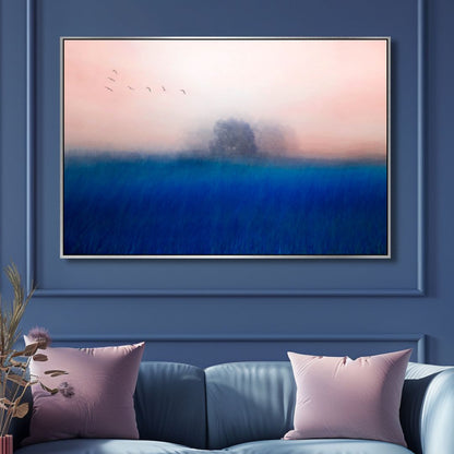 Serene Blue Landscape with Abstract Tree and Birds - Modern Oil Painting Decor