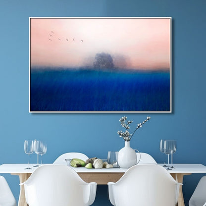 Serene Blue Landscape with Abstract Tree and Birds - Modern Oil Painting Decor