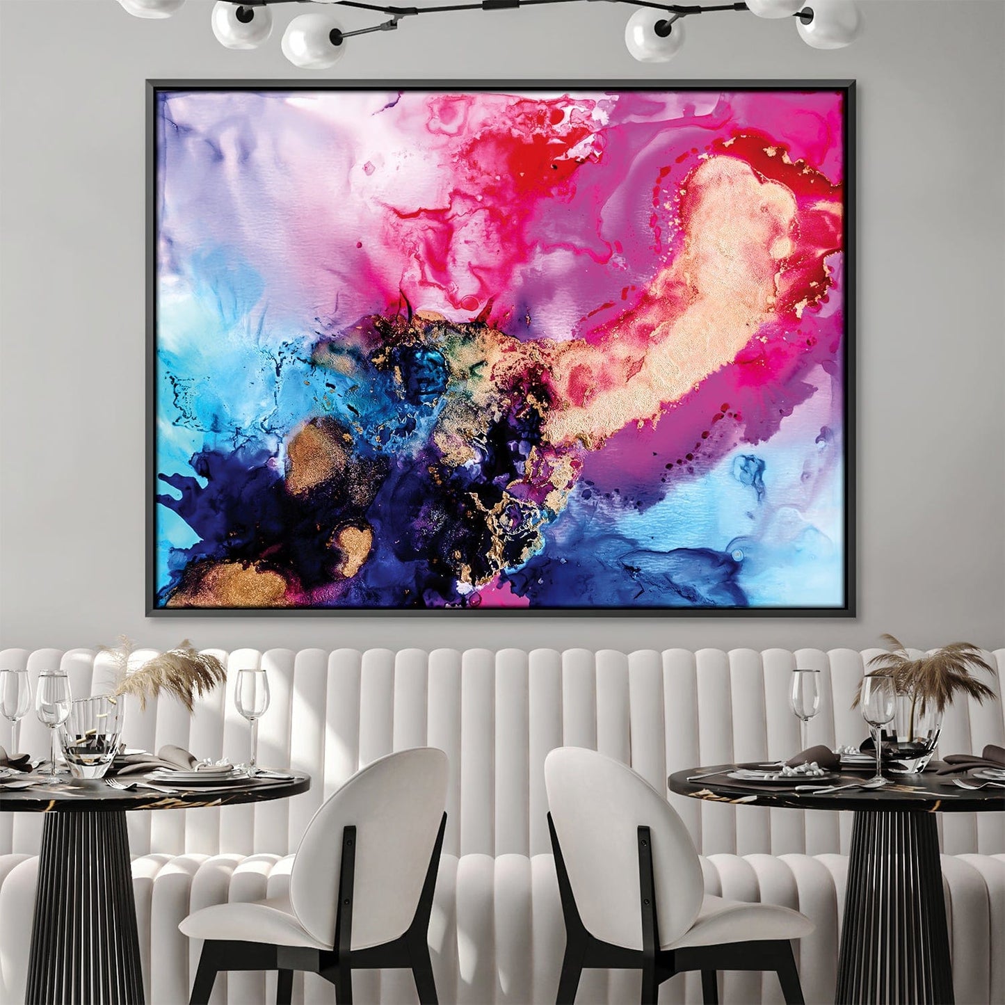 Vibrant Cosmic Dance: Gold-Infused Abstract Oil Painting for Modern Spaces