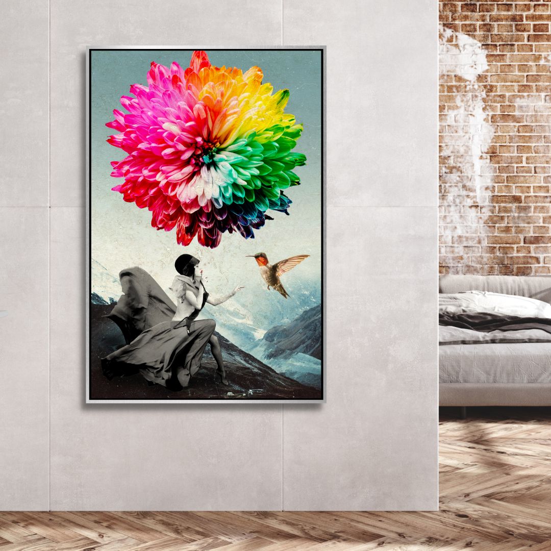 Vibrant Fantasy Landscape with Woman and Colorful Flower Balloon Canvas Art