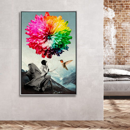 Vibrant Fantasy Landscape with Woman and Colorful Flower Balloon Canvas Art