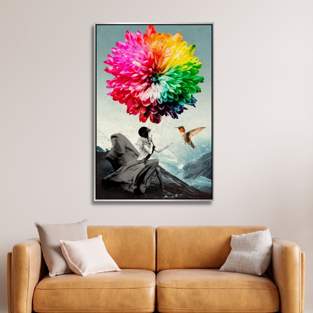 Vibrant Fantasy Landscape with Woman and Colorful Flower Balloon Canvas Art