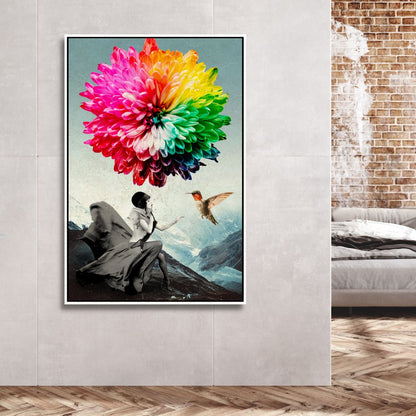 Vibrant Fantasy Landscape with Woman and Colorful Flower Balloon Canvas Art