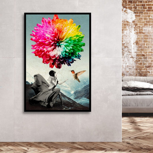 Vibrant Fantasy Landscape with Woman and Colorful Flower Balloon Canvas Art