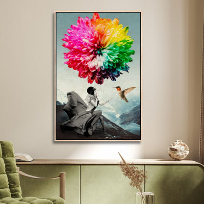 Vibrant Fantasy Landscape with Woman and Colorful Flower Balloon Canvas Art
