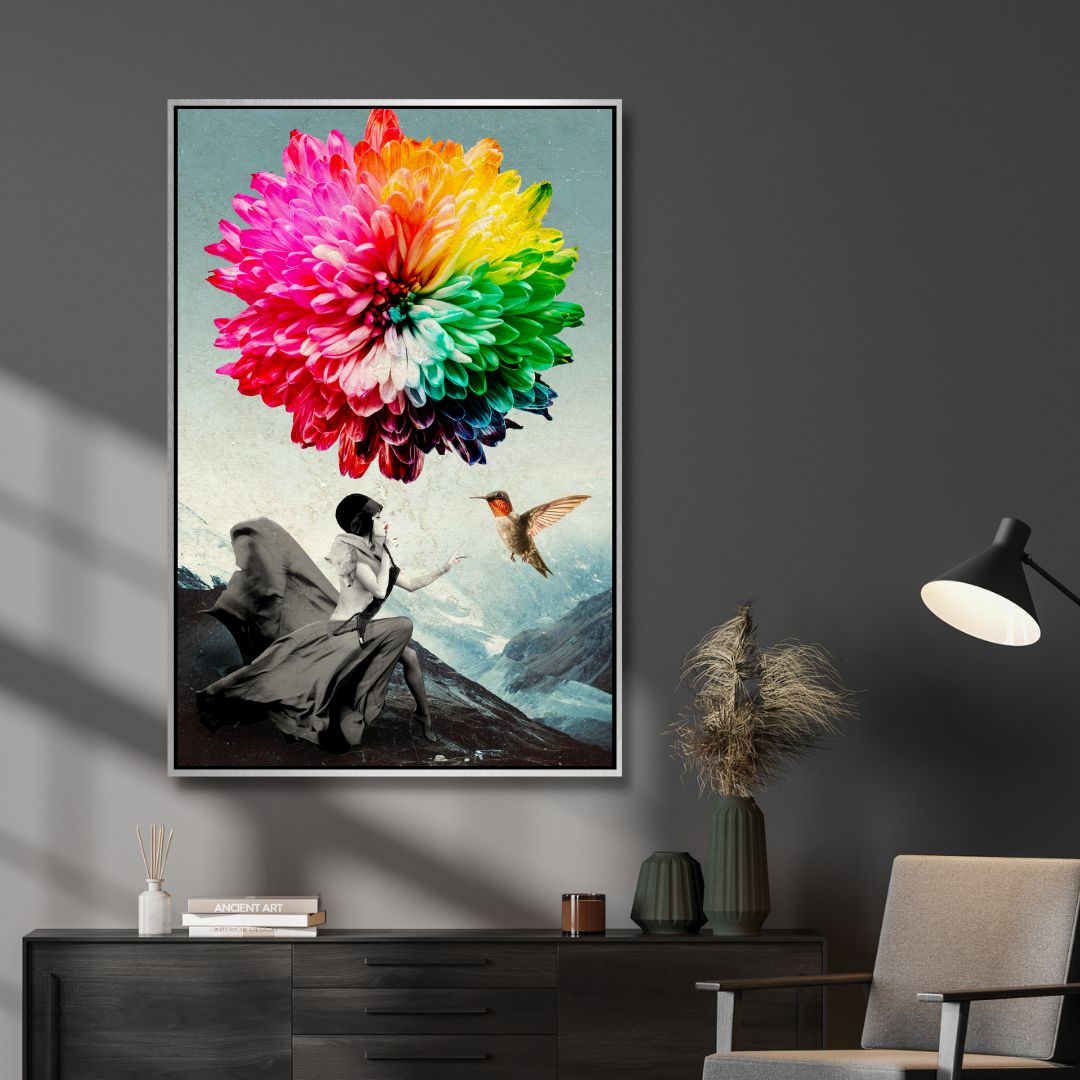 Vibrant Fantasy Landscape with Woman and Colorful Flower Balloon Canvas Art