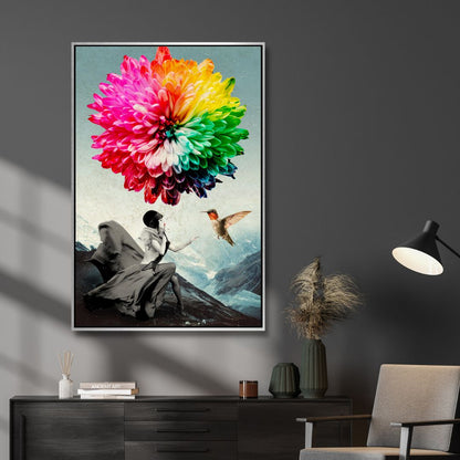 Vibrant Fantasy Landscape with Woman and Colorful Flower Balloon Canvas Art