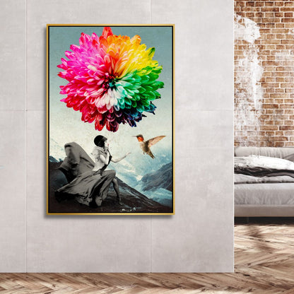 Vibrant Fantasy Landscape with Woman and Colorful Flower Balloon Canvas Art