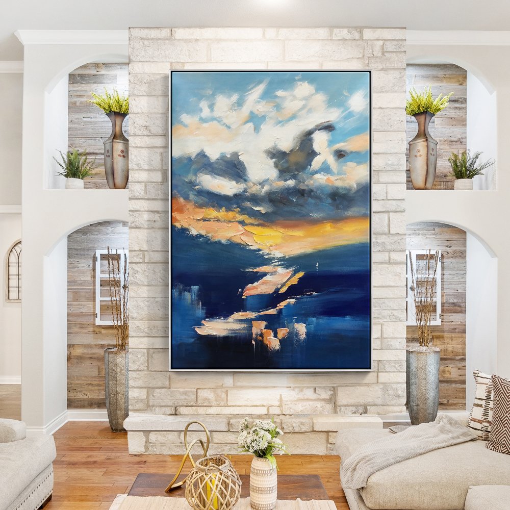 Vibrant Oil Painting of Sunset Skies and Dreamy Clouds for Modern Decor