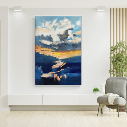 Vibrant Oil Painting of Sunset Skies and Dreamy Clouds for Modern Decor