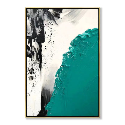 Abstract Oil Painting with Bold Turquoise and Black Textures for Modern Home Decor