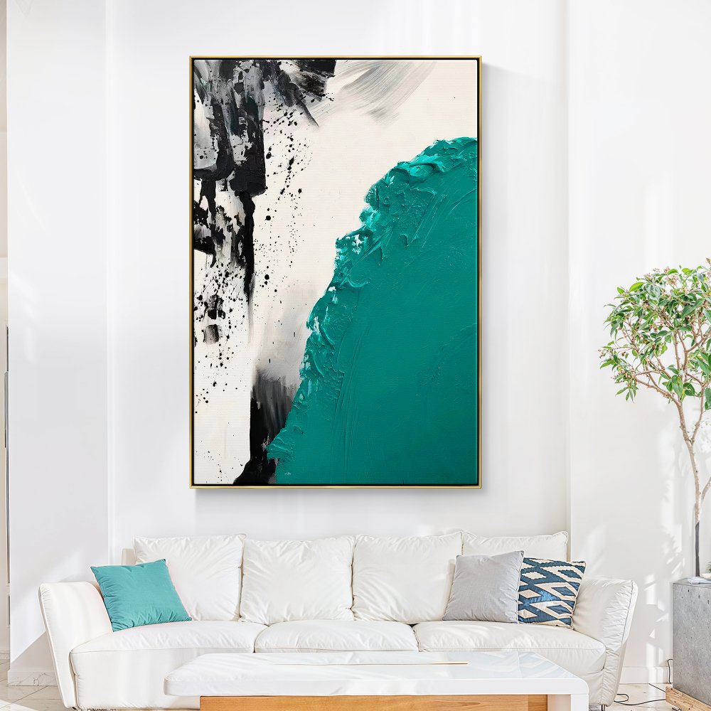 Abstract Oil Painting with Bold Turquoise and Black Textures for Modern Home Decor