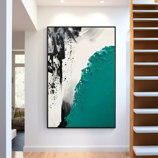 Abstract Oil Painting with Bold Turquoise and Black Textures for Modern Home Decor