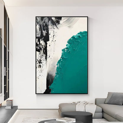 Abstract Oil Painting with Bold Turquoise and Black Textures for Modern Home Decor