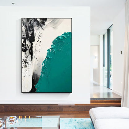 Abstract Oil Painting with Bold Turquoise and Black Textures for Modern Home Decor