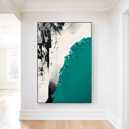 Abstract Oil Painting with Bold Turquoise and Black Textures for Modern Home Decor