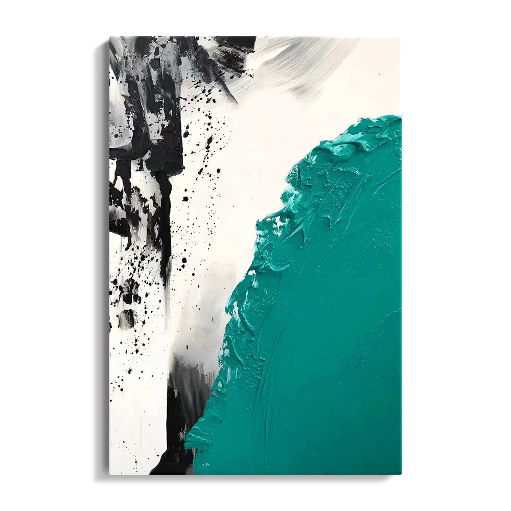 Abstract Oil Painting with Bold Turquoise and Black Textures for Modern Home Decor