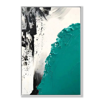 Abstract Oil Painting with Bold Turquoise and Black Textures for Modern Home Decor