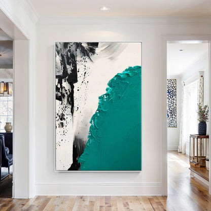 Abstract Oil Painting with Bold Turquoise and Black Textures for Modern Home Decor